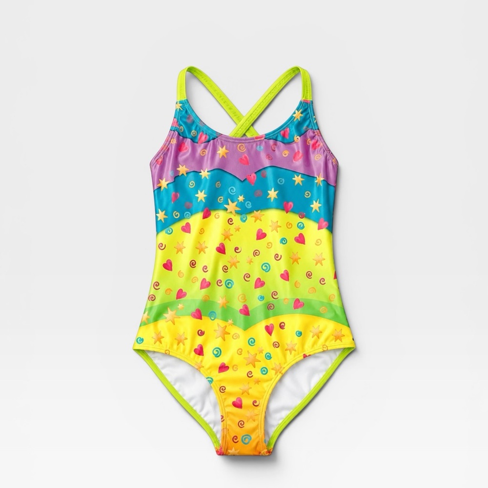 Girls' Rainbow Heart & Star One-Piece Swimsuit in Neon Yellow